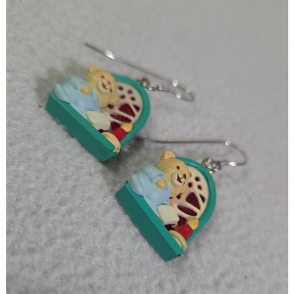 Vtg Figural 3D Teddy Bear Earrings Hook Wire Stain Glass Candle Pajama - Picture 3 of 7
